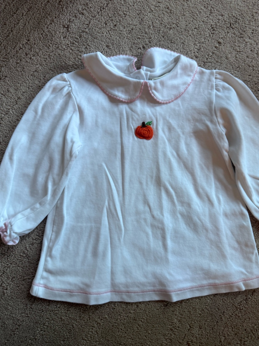 White Girls' Long-Sleeve Top with Pink Trim and Pumpkin Appliqué